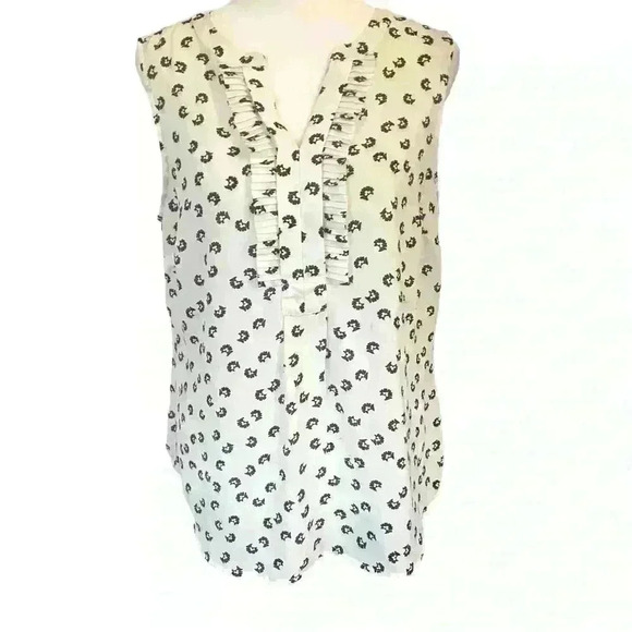 Talbots Sleeveless Blouse Size MP White with Black Design V neck ruffle collar - Picture 1 of 8